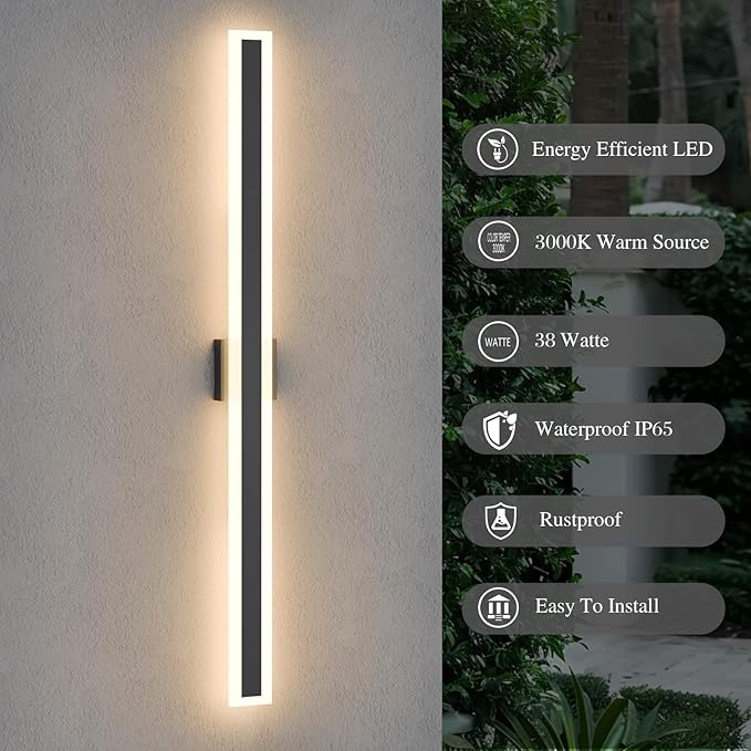 LamQee 47.2 Inch Long Outdoor Wall Lights Modern Exterior Lighting Fixtures for House, Waterproof 3000K 38W 1900LM LED Linear Outdoor Wall Sconces Lighting for Porch Patio Garage Door Yard Indoor