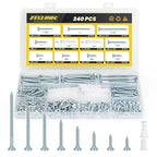 Wood Screws Assortment Kit, FIXLINK 240 PCS High Hardness Flat Head Wood Screws Set, Phillips Drive Assorted Screws, Contain 15PC Anchors and 8 Size (2-1/2”,2”,1-1/2”,1-1/4”,1”,3/4”,5/8”,1/2”), Zinc