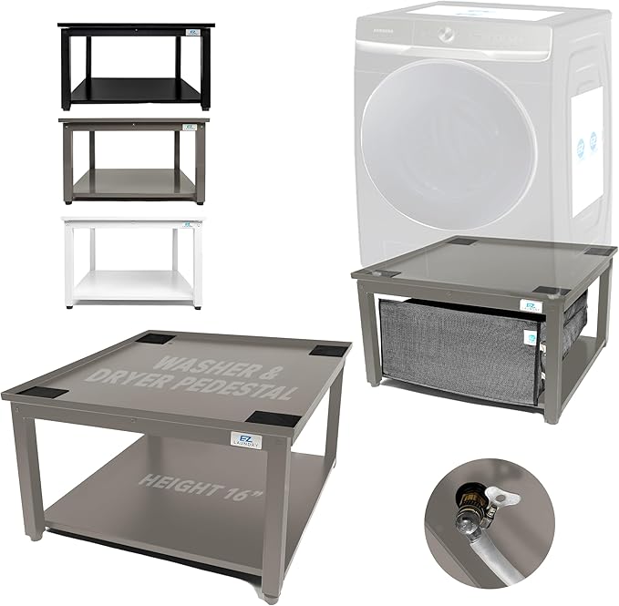 Washer and Dryer Pedestals - 27" W, 16" H, Gray Steel Universal Fit with Major Brands, Leak-Proof Laundry Pedestal with Drain Pan & Hose, Washer and Dryer Stand for Back Pain Relief, 800 lbs Capacity