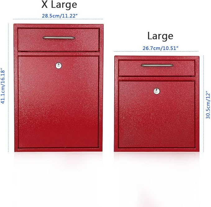 KYODOLED Steel Key Lock Mail Boxes Outdoor, Locking Wall Mount Mailbox, Security Key Drop Box, Collection Boxes,16.2H x 11.22L x 4.72W Inches, Red X Large