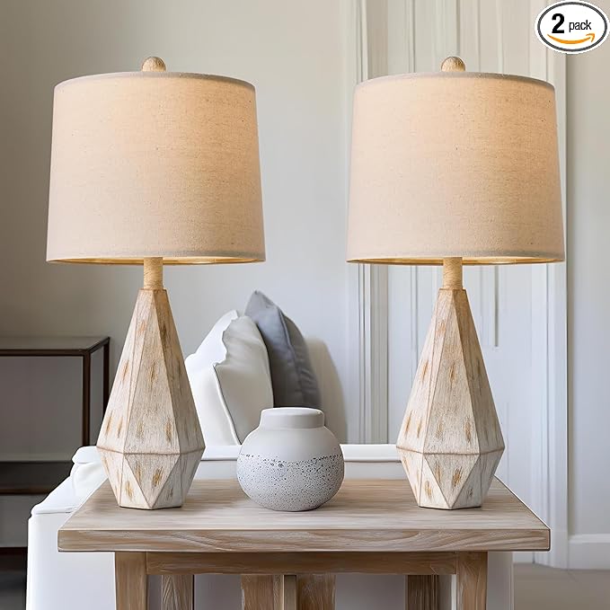 PoKat 23'' Farmhouse Table Lamps Set of 2, Beige Rustic Lamps for Living Bedroom Night Stands, Bedside Nightstands Living Room Table Lamps for End Side Table, Beige and White