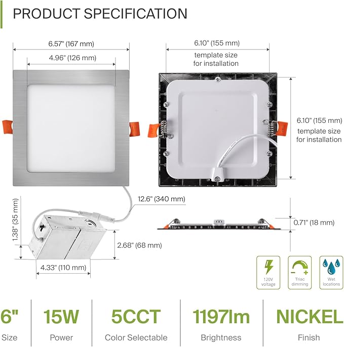 ASD 6 Pack LED Square Recessed Lighting 6 Inch, 5 CCT 2700K-5000K, 15W 60W Eqv, Ultra Thin Dimmable Ceiling Lights with J Box, Canless Wafer Downlight, Slim Panel Light, UL Energy Star, Brushed Nickel