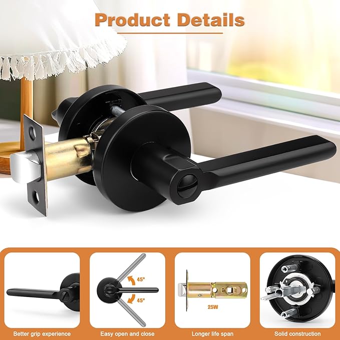 Probrico Privacy Door Handles for Bedroom and Bathroom Black Interior Door Handles, Keyless Privacy Door Lever Reversible, 10 Pack