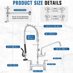27" Height Commercial Sink Faucet Deck Mount with Pre-Rinse Sprayer, Commercial Kitchen Faucet with 10" Add-on Swing Spout Faucet & Spring Pull Down Sprayer, 8" Adjustable Center Kitchen Faucet