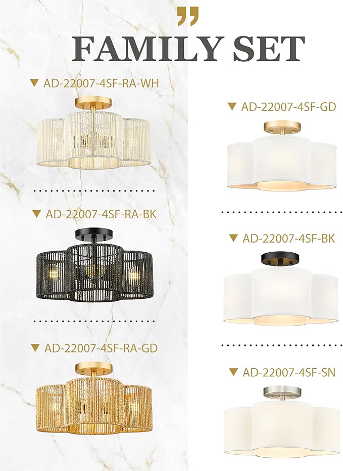 Rattan Light Fixtures Ceiling Mount, 4-Light 14" Boho Semi Flush Mount Ceiling Light with Hand-Woven Shade in Quatrefoil Shape for Kitchen Nursery Bedroom Hallway, Black, AD-22007-4SF-RA-BK