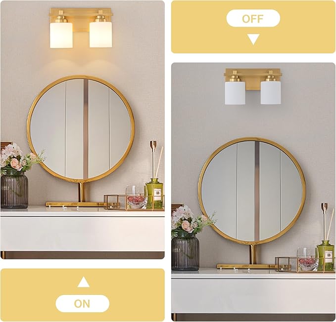 2 Light Modern Bathroom Light Fixtures Over Mirror, Brass Finish Vanity Lights for Bathroom Wall Sconces with Milky White Glass Shades, E26 Socket (Bulbs Not Included)