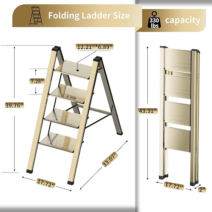 4 Step Ladder, Portable Step Folding, Lightweight Step Ladder with Anti-Slip Pedal, Aluminum Indoor Ladder and Closet, Kitchen - Champagne Gold
