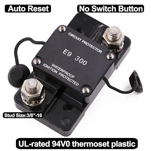 Hi-Amp 3/8“ Studs 300A Circuit Breaker Auto Reset No Switch Button for Marine Boat, Car Audio, Solar System, Battery Protection 12V-32V DC IP67