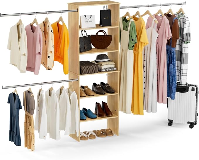 Closet System, 22.5" Wide Organizer with 3 Hanging Rods, Wood Tower Storage for Walk In Closets, Wall Mounted Wardrobe Organizer Kit, Bedroom, Fit Space 6-10 ft