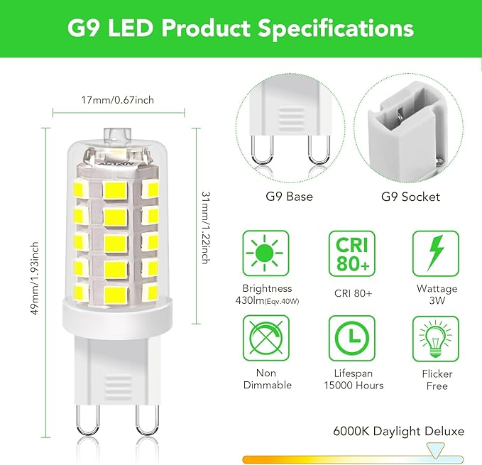 BUBO G9 LED Bulb 6000K Daylight 430 Lumens, 3W Equivalent 40W T4 G9 Halogen Replacement, 360°Beam Angle 120V Non-Dimmable No-Flicker G9 Light Bulbs for Crystal Chandelier Lighting, 20 Pack