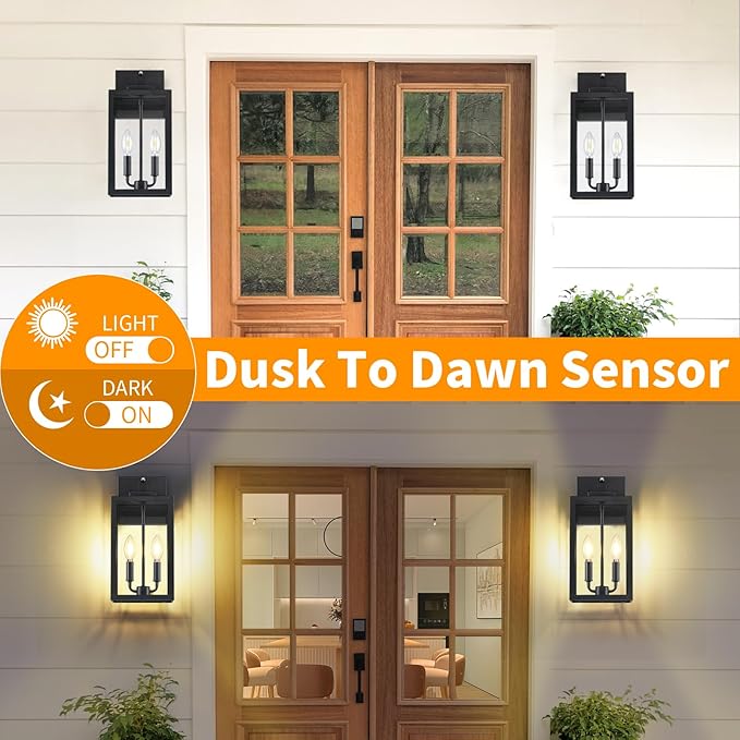 15.4" Dusk to Dawn Black Outdoor Wall Lantern 2-Light, Outside Modern Wall Sconce Light Fixture, Industrial Porch Light with E12 Sockets, Waterproof Exterior Lamp Lighting, 1 Pack