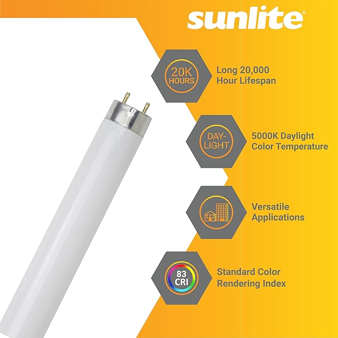 Sunlite F32T8/SP850 T8 Linear Fluorescent Lamp, 32 Watts, 3100 Lumens, 5000K Daylight, Medium G13 Bi Pin Base, High Performance Straight Tube, 30 Pack