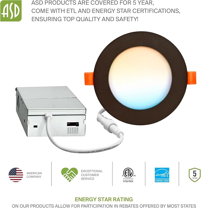 ASD 6 Pack LED Recessed Lighting 4 Inch 9W, 5 CCT 2700K-5000K CRI90+, IC Rated Ultra Thin Dimmable Ceiling Lights with J Box, Canless Wafer Downlight, Round Slim Panel Light, Energy Star ETL, Bronze