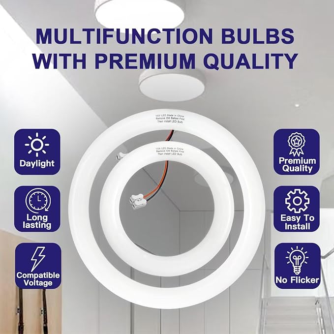 LED Replacement for FC8T9 22W and FC12T9 32W Fluorescent Bulb, 8 inch 11W for T9 22 Watts Circular Light Bulbs, 12 inch 16w for 32 Watts Circline, CRI 80, Daylight Ballast Bypass Required