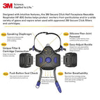 3M Respirator, Secure Click Half Face Reusable Respirator with Speaking Diaphragm and Push Button Seal Check, HF-803SD, Sweeping, Sanding, Grinding, Sawing, Dust, Large