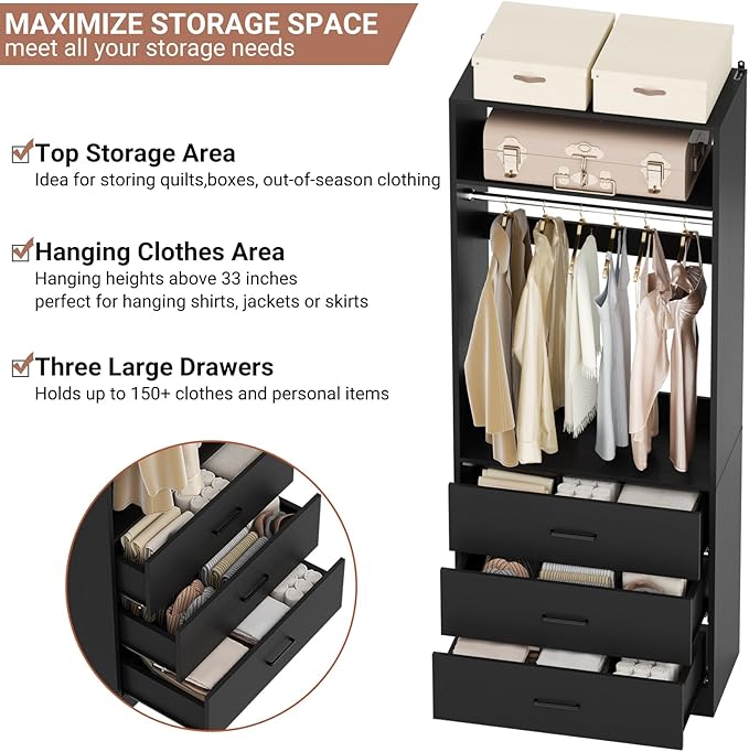 Closet System Set of 4, 8FT Closet Systems with 12 Wood Drawers, 96" Closet Organizer System with 4 Hanging Rods & 4 Shelves, Heavy Duty 96 Inch Walk-in Closet, Black (96"L x 15" W x 80" H)