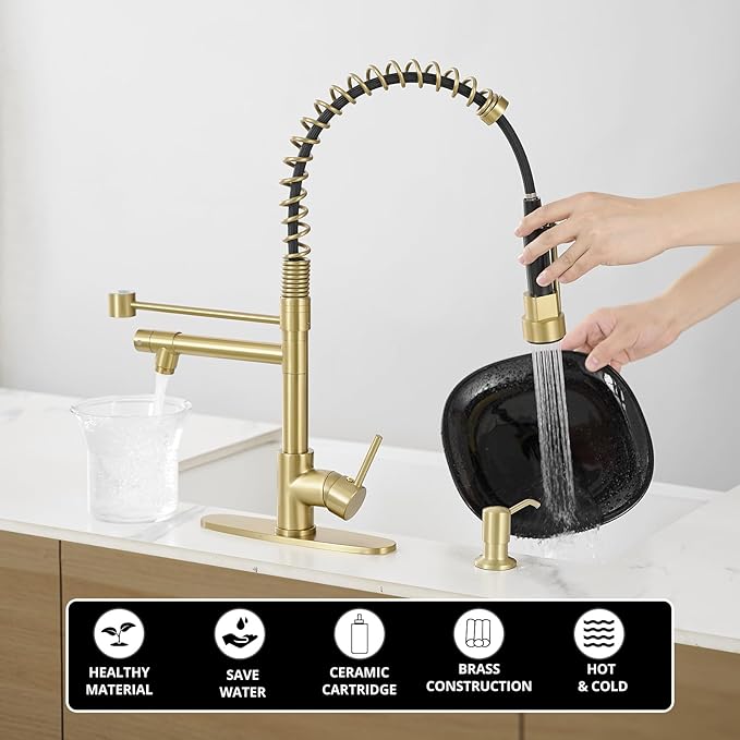 AIMADI Gold Kitchen Faucet with Soap Dispenser,Commercial Single Handle Pull Down Kitchen Faucets with Sprayer,Brushed Gold