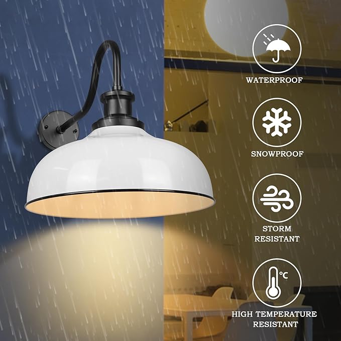 Outdoor Gooseneck Barn Light,16 Inch Dome Outdoor Wall Sconce Farmhouse Exterior Wall Mount Light Vintage Wall Lighting Fixture Industrial Wall Lantern for Porch, Entryway, Garage, RZ007L WH