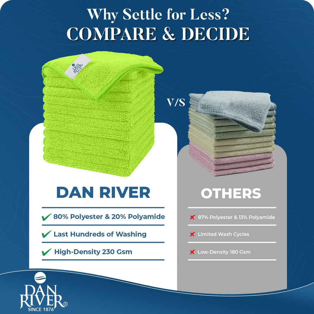 DAN RIVER 12-Pack Green Microfiber Towels – Ultra Absorbent, Lint-Free & Streak-Free Terry Cloth Rags for Home, Car & Kitchen - Must-Have Cleaning Essentials - 12" x 12"