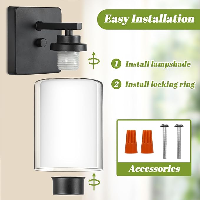 Set of 2 Wall Sconces for Bathroom, Modern Vanity Light Fixtures, Matte Black Wall Mount Lighting Lanterns, Farmhouse Wall Lights with Double Clear Glass Shade for Bedroom Living Room Mirror Hallway