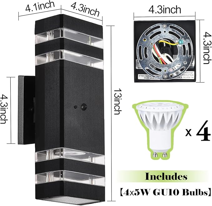 2 Pack Motion Sensor Dawn to Dusk Outdoor Light Fixture, Black Aluminum Exterior Lighting Fixtures with GU10 LED Bulbs, Up and Down Lights Outdoor Sconce Lights for Garage Porch Garden, ETL Listed