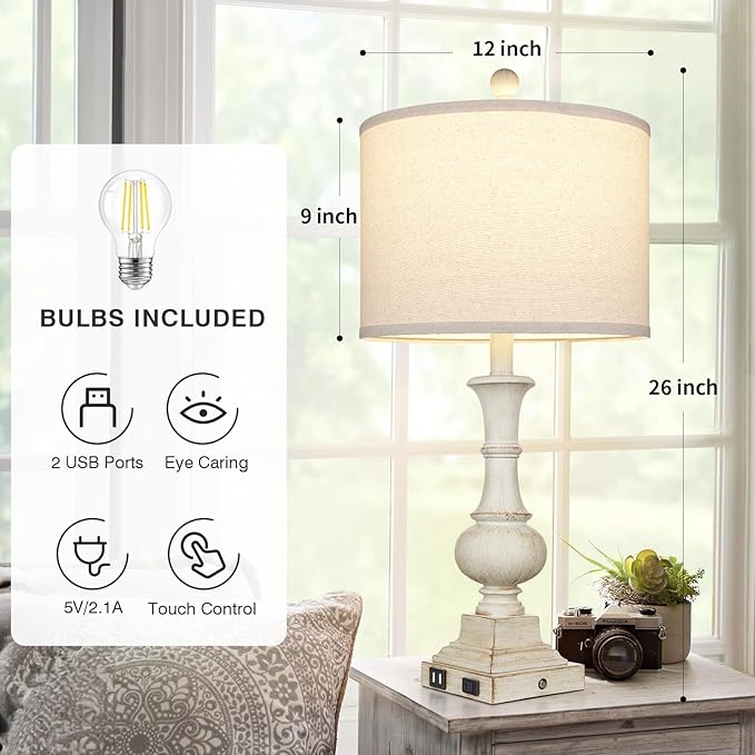26" Farmhouse Table Lamp, Vintage Rustic Touch Control Bedside Lamp with 2 USB Ports & AC Outlet, Boho Resin 3-Way Dimmable Nightstand Lamp Linen Fabric Shade for Living Room Bedroom End Table White
