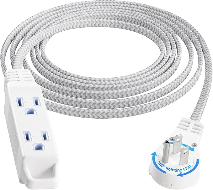 SURAIELEC 10FT 360° Rotating Flat Plug Extension Cord Flat Wall Plug with 3 Outlets, Braided Flat White Extension Cord for Indoor Use, Home, Office, 16/3C SPT, ETL Listed