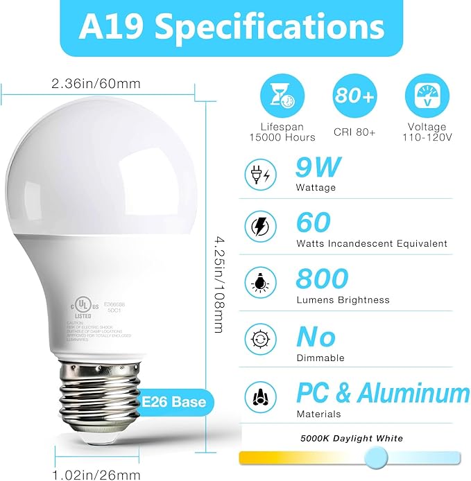 dalattin 12 Pack LED Bulbs Natural White 4000K, 60 Watt Equivalent A19 Standard Bulbs, E26 Base, 800 LM, Efficient 9W Energy Saving, Non-Dimmable, 80+ CRI, 120V, UL Listed, for Living Room, Office