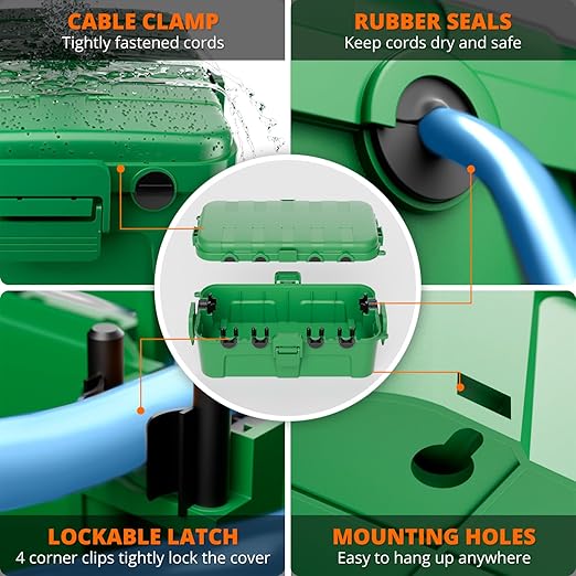 QUOBAS 2 Pack Outdoor Waterproof Electrical Box with 6 Cable Ports, IP54 Weatherproof Heavy-Duty Extension Cord Cover for Power Strips, Garden Power Tools, Holiday Lights, Green