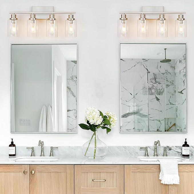 4 Light Bathroom Light Fixtures Brushed Nickel Vanity Light Over Mirror Modern Farmhouse Wall Lighting Sconces Wall Lamp for Bathroom, Bedroom, Living Room E26 Socket with Glass Shade