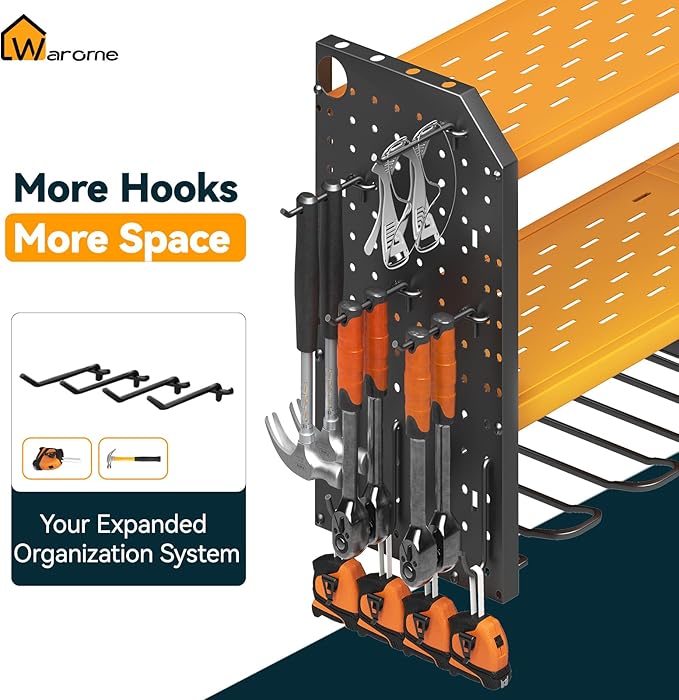 Warome Garage Power Tool Organizer with 8-Outlet Power Strip, Tool Storage Rack Wall Mount with 8 Cordless Drill Holders, Tool Organization Shelf with Charging Station in Yellow