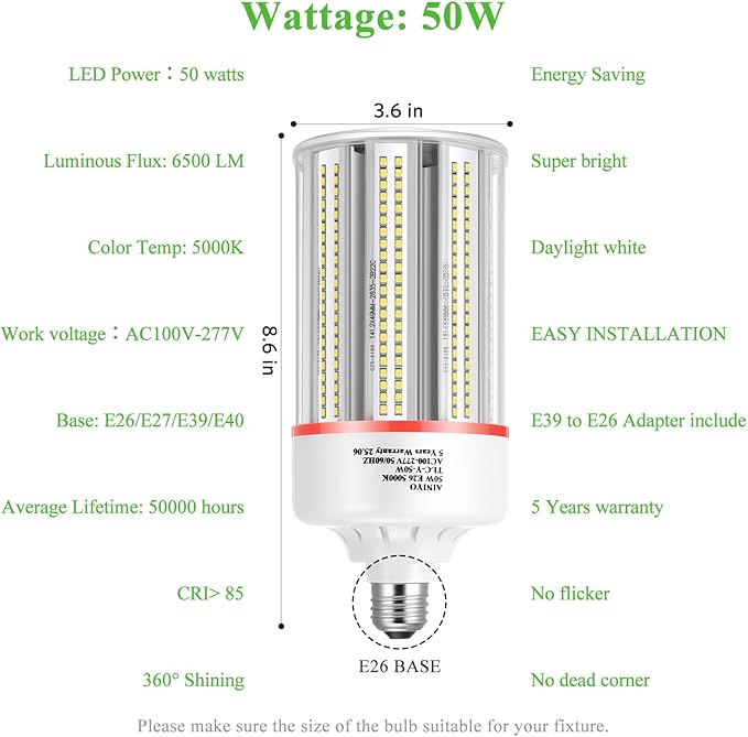 50W Led Corn Light Bulb,E26/E39 Base,5000k Daylight,110-277v,6500lm,CFL HID 175w Metal Halide Replacement For Indoor Outdoor General Lighting,Garage,Workshop,Street And Area Light Super Bright(2-Pack)