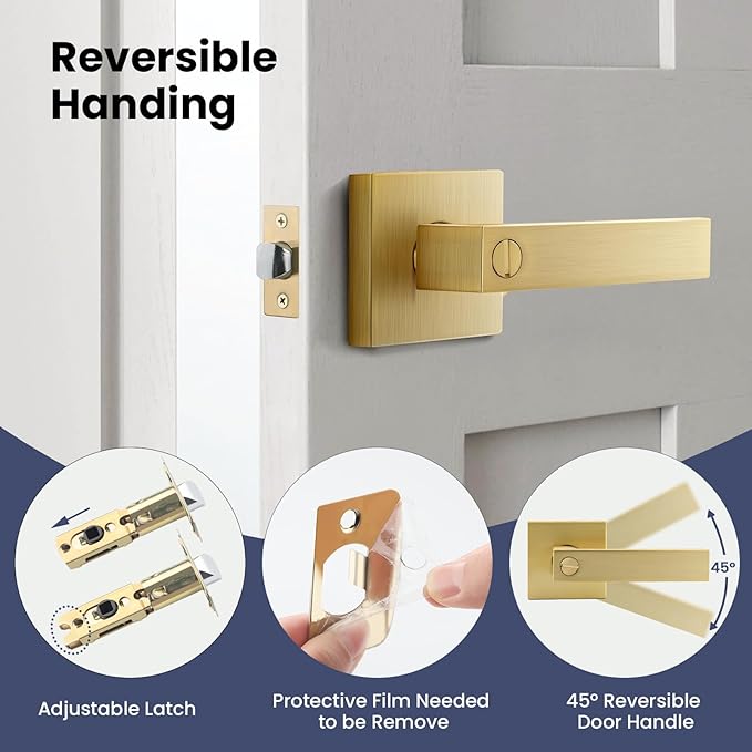 EHOMEWARE 3 Pack Door Handles Privacy Door Lever Set Interior Door Handles Knobs, Left/Right Handing, Door Handle Lock in Satin Brass Finish, Heavy Duty Constructions