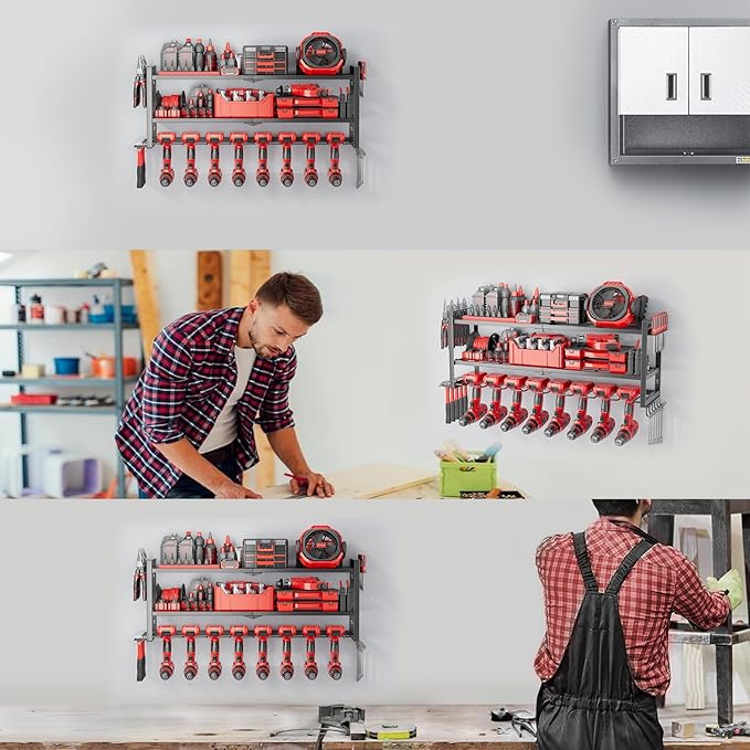 Power Tool Organizer Wall Mount, 3 Layer 8 Drill Holders Tool Storage Rack, Power Tool Shelf Loads 280lbs for Garage, Warehouse, Workshop, Gifts for Men Dad Husband Anniversary Fathers Day