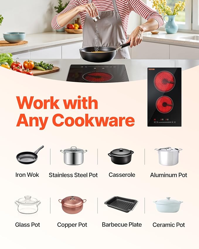 VEVOR Built in Electric Stove Top, 12 inch 2 Burners, 240V Glass Radiant Cooktop with Sensor Touch Control, Timer & Child Lock Included, 9 Power Levels for Simmer Steam Slow Cook Fry