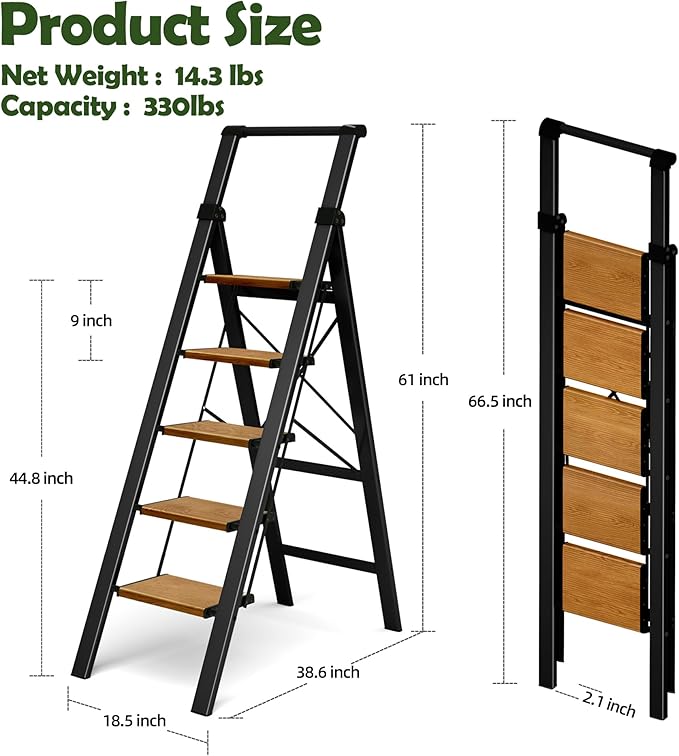Taranta 5 Step Ladder, Portable Folding Ladder with Wide Pedal, Lightweight Aluminum Step Stool with Convenient Handgrip, 330 lbs Capacity Stepladder for Home, Office - BlackWoodgrain
