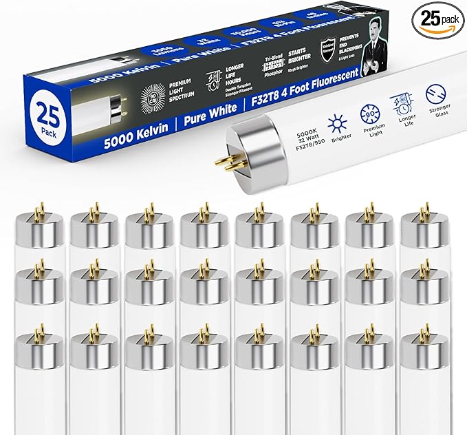 GoodBulb 32-Watt 48 Inch T8 Fluorescent Light Bulb 5000K Daylight White Light Color Medium Bi-Pin Base 3050 Lumens 86 CRI 24000 Life Hours Instant/Programmed Start (Pack of 25 Bulbs)