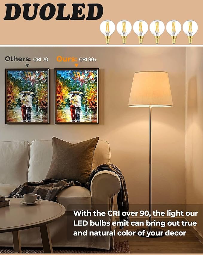 G16.5 E12 Globe Bulbs 6W Dimmable Candelabra Light Bulb 60 watt E12 Round 2700K Warm White Globe Bulb for Chandeliers,Ceiling Fan,Pendant,Wall sconces,AC120V,Clear Glass,600LM,6Pack