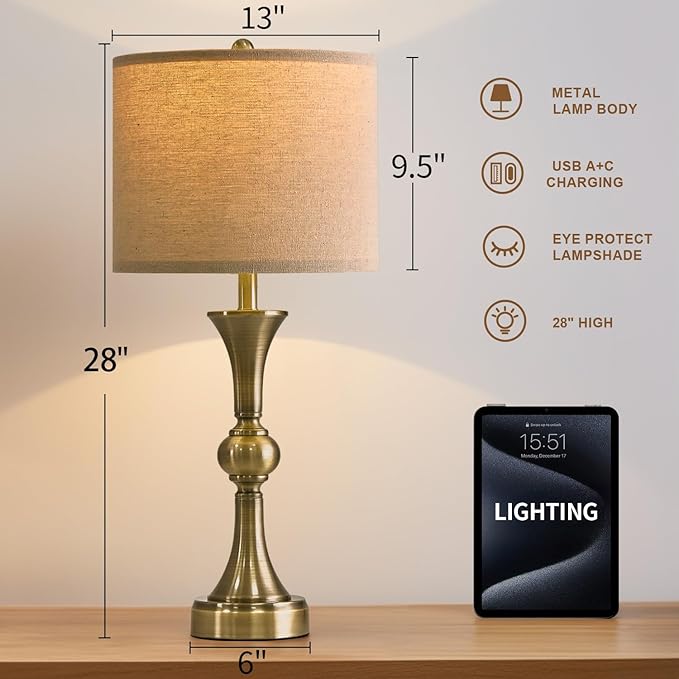 OYEARS 28" Table Lamps for Living Room Set of 2, Bedside Lamps for Night Stands Bedroom Lamps Farmhouse Lamp End Table Bed Side Lamp with USB C+A Charging Ports (Antique Bronze)