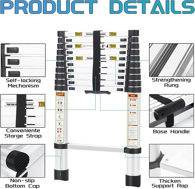RIKADE Telescoping Ladder 8.5FT & Attic Ladder, Heavy Duty Aluminum with Non-Slip Feet, 330lb Capacity for RV, Attic, Roof & Multi-Surface Use