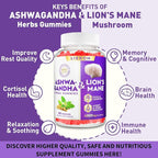 Ashwagandha & Lions Mane Gummies for Adults -Cortisol and Brain Health, 4000mg Ultra Strength Lion's Mane Mushroom Supplements for Cognitive & Immune, Berry Flavor - 420 Organic Mushroom Gummies