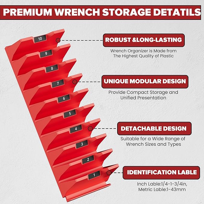 80PCS Modular Wrench Organizer Wrench Holder - Wrench Tool Organizers for Tool Drawer Storage, Wrench Storage Set with Metric & SAE Label, Wrench Rack Tool Gift for Professional Mechanics Men, Red