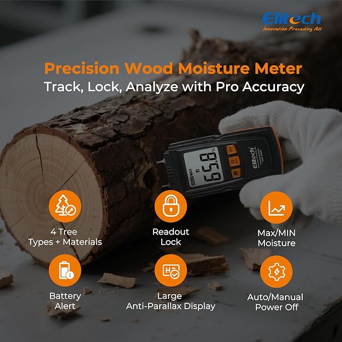 Elitech Digital Moisture Meter Water Leak Detector with Pin Probes, Moisture Tester for Wood Floors Walls with 4 Wood & Material Modes, Hold Function, Max/Min Reading MOT-270W