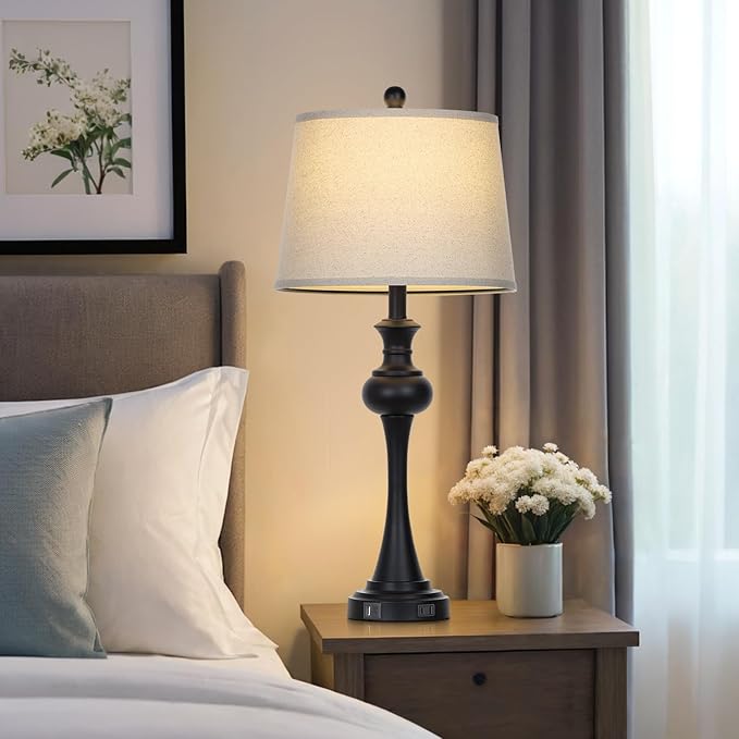 28.75" Black Modern Table Lamps for Living Room, Bedside Lamp with USB A+C Ports & AC Outlets, 3 Way Dimmable Touch Lamps for Living Room,Nightstand Lamp LED Bulb Included (1Pack