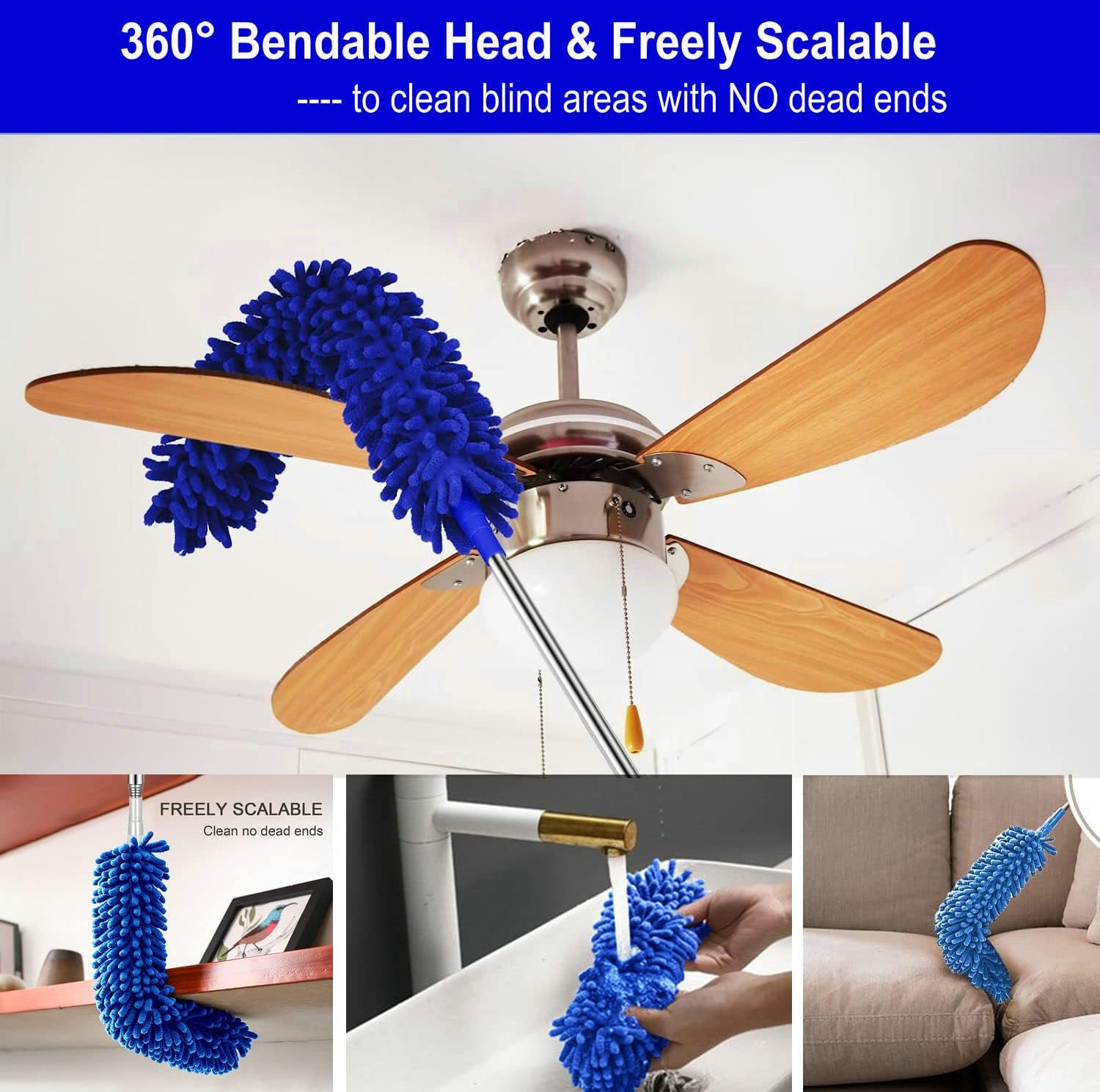 Microfiber Duster Kit High Reach Ceiling Fan Duster with Extendable Pole 100" Telescoping Cobweb Duster for Cleaning, Bendable Head Washable Duster for Ceiling, Fan, Furniture