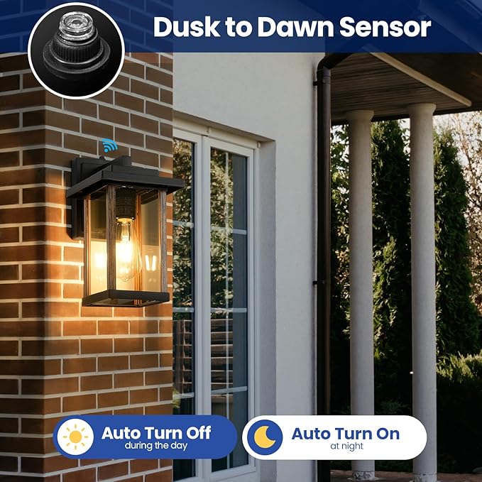 Outdoor Wall Sconce, Outside Porch Light Fixtures, Dusk to Dawn Wall Mount Anti-Rust Exterior Wall Lights in Wood Grain & Black Finish with Clear Glass