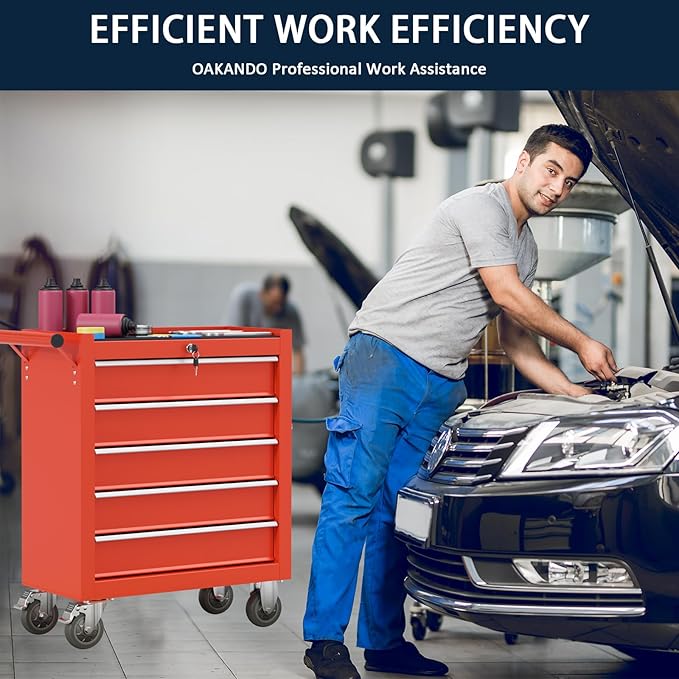 5-Drawer Metal Rolling Tool Chest with Wheels,Tool Storage Cabinet with Locking System，Toolbox with Wheels for Garage, Warehouse, Workshop, Repair Shop (Red, 5-Drawer)
