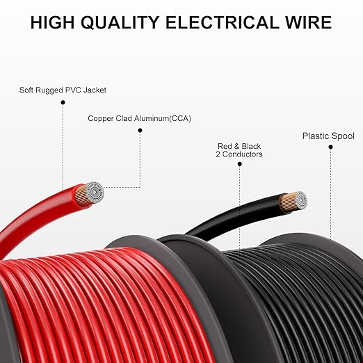 14 Gauge Electrical Wire 2 Pack Total 100ft-Black 50 ft and Red 50 ft Soft Flexible Copper-Clad Aluminum(CCA) 14 AWG PVC Wire for Lamp, Household Appliances RC Toys, Models, Auto, Electronics
