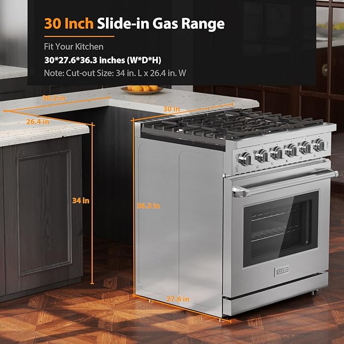 Empava 30 Inch Gas Range with True Convection, 4.55 Cu. Ft Oven, 18,000 BTU Power Burner for Searing, 5 Sealed Burners Cooktop, Convertible NG/LP, Stainless Steel, CSA Certified