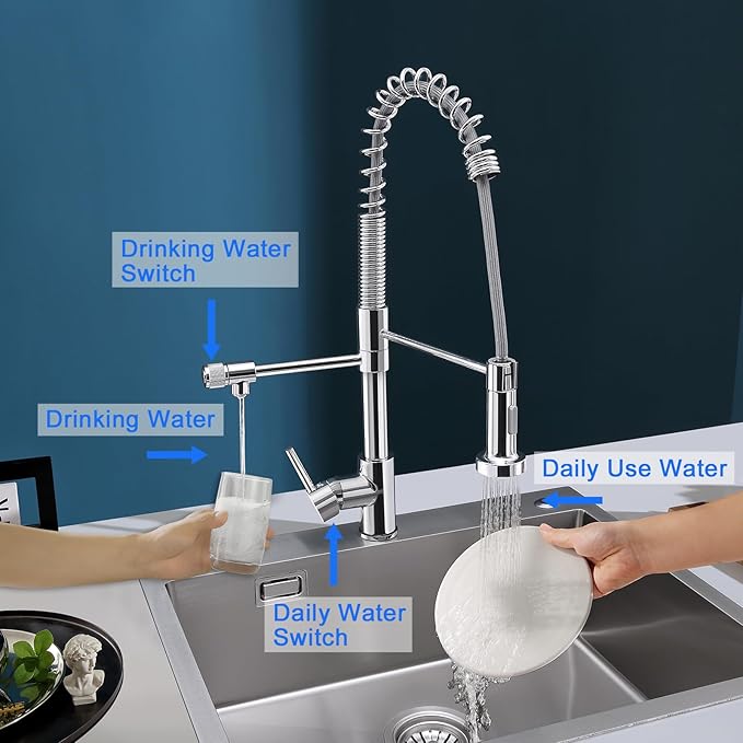 MENATT Commercial 3 in 1 Kitchen Faucet with Drinking Water Faucet, Pull-Down Single Handle Filter Kitchen Sink Tap for Water Filtration System, Brushed Nickel(Without Water Filtration Device)